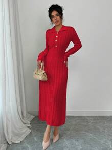 Chiquease Women's Solid Color Front Button Long Sleeve Casual Long Sweater Dress - Red - View 4