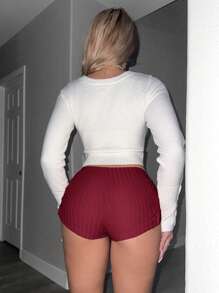 Sweetina Stylish Burgundy Ribbed Lounge Shorts: Women's Knit High Waist Shorts With Bow Accent - Burgundy - View 3