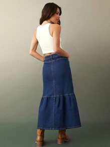 WESTFADE Button Front Stretch Western Denim Skirt For Cowgirl - Dark Wash - View 3