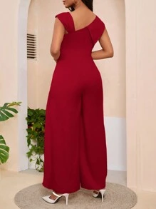 SHEIN Lady 女士纯色不对称领口简约休闲连体裤