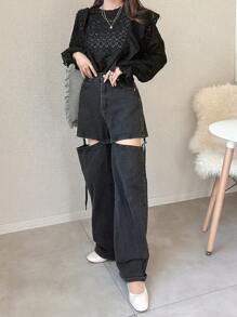 FRIFUL 女士黑色宽松蕾丝镂空荷叶边下摆半透明衬衫，适合情人节、秋季服装长袖女上衣 - 黑色 - 查看 2