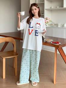 DAZY 2 件套卡通印花宽松短袖女士睡衣套装 - 白色 - 查看 7