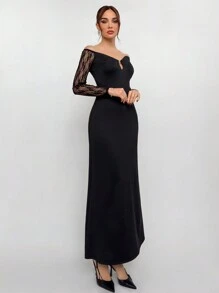 Aloruh Ladies Autumn And Winter New Pure Black Retro Sexy Romantic Lace Splicing Deep V Neck Hollow Super Long A-Line Elegant Party Dress, Valentine's Day, Ladies Dress, Elegant Dress, Valentine's Day, Ladies Birthday Dress, Ladies Black Dress