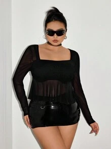 SHEIN ICON Plus Size Black Square Neck Mesh Babydoll Long Sleeve Knit Top - Black - View 4