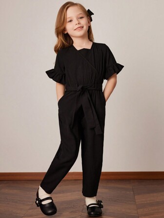 PrepCrw 年轻女孩黑色编织宽松连体裤，学院风，春夏