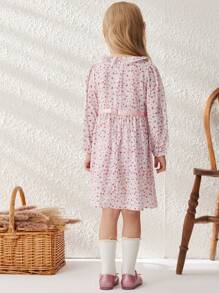 Blossori Kleine Mädchenkleid im französischen eleganten Stil mit aprikotfarbenem Blümchendruck, geraffter Taille, A-Linie und Rüschenkragen, Frühling/Sommer - Verschiedenfarbig - Übersicht 2