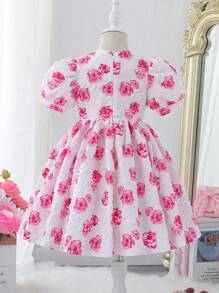Young Girls Floral Print Formal Dress, Princess Party Wedding Flower Girl Dress, Sweet Birthday Outfit For Summer Event - Red - View 2
