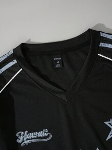 ROMWE MEN Prep Men's Spring/Summer Mesh Panel College Style T-Shirt - Black - View 3