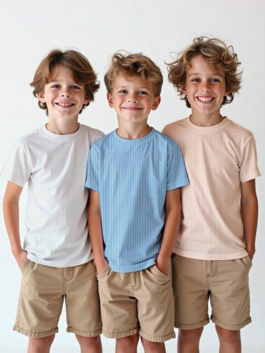 SHEIN 3pcs Young Boy Rib Knit Crew Neck T-Shirts. This T-Shirt Is Simple And Versatile, With Exquisite Craftsmanship And A Distinctive Fabric Texture, Showcasing The Personal Charm Of Young Boys. Suitable For Daily Casual Wear And School, Meeting The Summer Clothing Needs Of 4-7 Year Old Children T Shirts Boys Soft - Multicolor - View 1