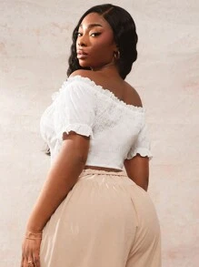 SHEIN SXY Plus Size Women's Bohemian Solid Color Ruffle Off Shoulder Short Sleeve Blouse For Summer