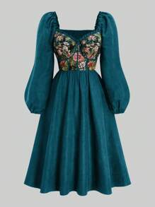 Flirla Plus Size Women's Plus Size Gathered Shoulder Puff Sleeve Embroidered Elegant Scoop Neck A-Line Dress, Green, For Christmas Maxi Women Outfit - Teal Blue - View 1