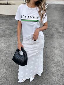 SHEIN Essnce Women's Solid Color Elastic Waist 3D Floral Decor Elegant Skirt - White - View 1