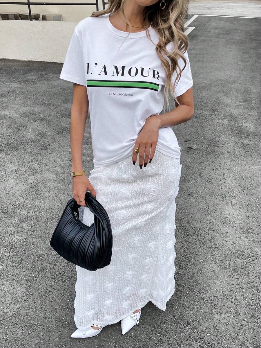 SHEIN Essnce Women's Solid Color Elastic Waist 3D Floral Decor Elegant Skirt - White - View 1