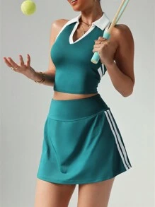 Easithlete 女士纯色拼接无袖简约上衣和短裤运动套装健身女士套装