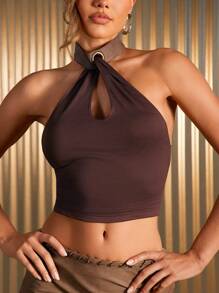 Hauture Women Clothes, Women's Elegnat Brown Solid Color Jersey With Faux Leather Stand Collar Sleeveless Casual Halter Top With Open Back And Tie-Back, Women Tops, Crop Top, Tube Top, Summer Top, Sexy Women Tops, Going Out Tops, Brown Top. For Date Night, Concerts, Performances, Parties, Clubs, Evening