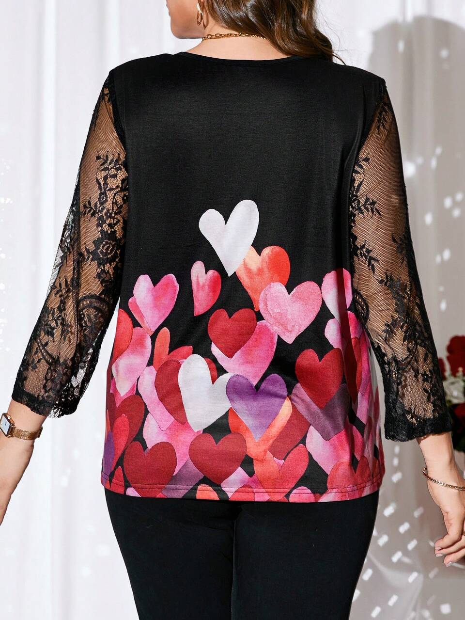 Plus Size Valentine's Day Heart Print Contrast Lace Blouse,Summer For Women