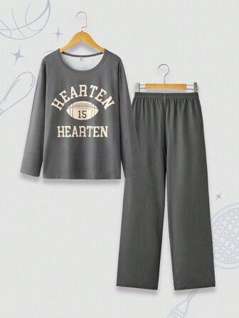 Teenager Boys' Grey Long Sleeve & Long Pants Flame Retardant Sports Graphic Lounge Wear Set