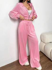 SHEIN EZwear 2 件套女士纯色前拉链长袖连帽衫和裤子，简约 - 粉色 - 查看 3