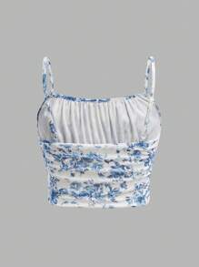 SHEIN Girlism Áo ba lỗ in họa tiết thời trang thường ngày cho bé gái tuổi teen - Xanh và trắng - Xem 2