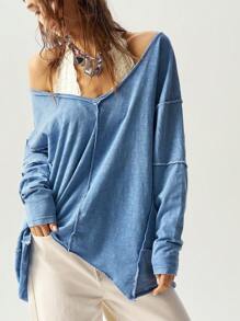 Bohemela Boho Women's Casual Solid Color V-Neck Long Sleeve Loose Washed Knit T-Shirt - Blue - View 2