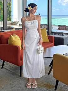 DAZY 女士假日风吊带露背连衣裙，优雅女士设计，适合派对、海滩、节日、返校节、度假、邮轮等场合。 - 白色 - 查看 8