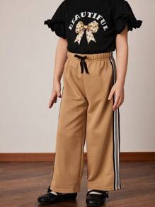 PrepCrw Pantalones deportivos anchos de cintura elástica de punto holgados con decoración de bandas laterales para niñas jóvenes, primavera/verano