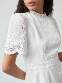 MOTF STUDIO SCHIFFY FRILL MOCK NECK PUFF SLEEVE SCALLOP EDGE MIDI DRESS - White - View 5