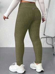 SHEIN EZwear Leggings casuales acanalados de cintura alta de unicolor para mujer talla grande