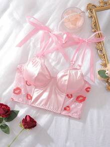 SHEIN Corset-brassière en satin avec nœud, cœur rose et dentelle à lèvres. Top sexy et doux pour les festivals de musique, la Saint-Valentin