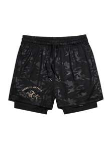 Manfinity Sport Corelite Men's Slogan Print Camouflage Drawstring Waist Sports Shorts