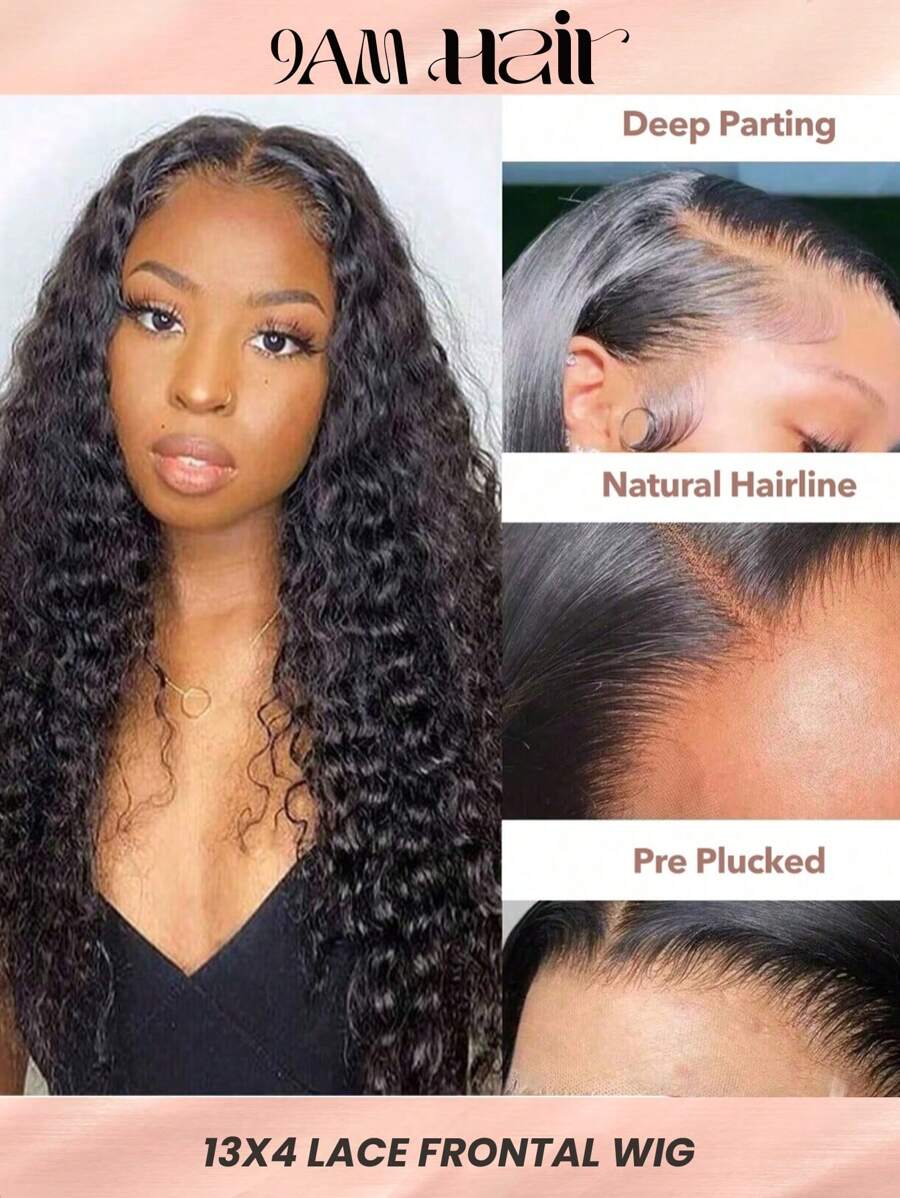 13x4 Deep Wave Lace Front Wig Human Hair 16 Inch Transparent Frontal For Women Natural Black Color Wig With Pre-Plucked Hairline Unprocessed Raw Human Hair Wig - Natural Black - View 1