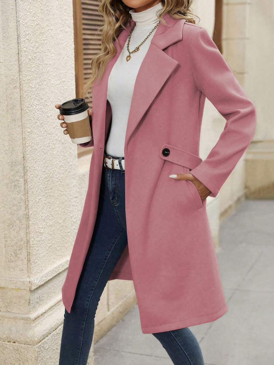 SHEIN Clasi 女士纯色翻领双纽扣羊毛大衣，简约时尚休闲日常穿着 - 粉色 - 查看 1