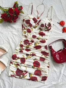 Soleia Romantisches Vintage-Minikleid mit buntem Rosen-Blumen Muster für Damen, Camisole-Kleid mit Rüschen für den Urlaub, Silvester-Outfit für Damen, Geburtstagskleid für Damen, Kleid für Damenpartys, Urlaubspartykleid, Valentinstags-Outfit - Verschiedenfarbig - Übersicht 2