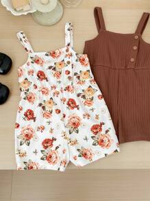 SHEIN LMoss Kids LMoss  2pcs/Set Toddler Girls Cute Floral Print Romper Set, Summer - Multicolor - View 3