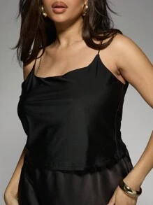 MISSGUIDED PLUS Plus Size Satin Cami Top Sleeveless Draped Neckline Evening Party Lounge Wear Summer Spring Casual Elegant - Black - View 5