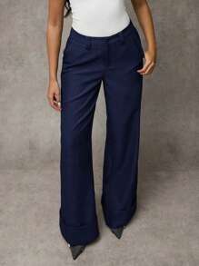 SHEIN BAE Damen graue einfarbige Twill-Gewebe Knopftasche einfache Lange Hose mit niedriger Taille, geeignet für lässige Pendlerwege, modische Streetwear, Vintage-Stil, Bürokleidung