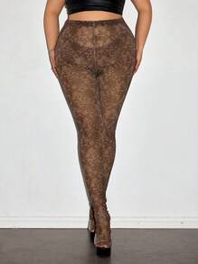 SHEIN ICON Women's Plus Size Semi-Sheer Knitted Fabric Extra Long Leggings In Black With Floral Details For Casual Style