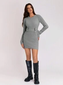 SHEIN Unity 女士纯色圆领长袖休闲修身毛衣连衣裙 - 淺灰色 - 查看 4