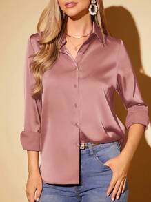SHEIN Amorya Women's Elegant Solid Color Acetate Satin Button Front Long Sleeve Shirt Summer Elegant Blouses For Ladies - Pink - View 4