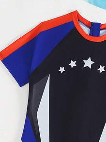 SHEIN Tween Boy 5-Star Printed Short Sleeve Rash Guard And Swimming Shorts Set - Blue - View 4