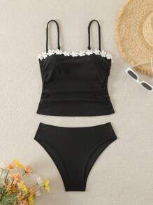Swim Chiccia Spring Break New Fashion Elegant Black Tankini Top Tank With Ruffled Straps, 2pcs Women Fresh Swimwear Set