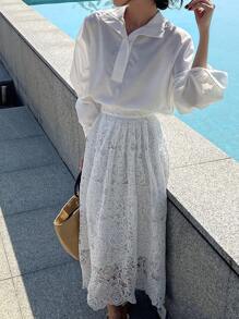 DAZY 2 件套女式蕾丝拼布衬衫上衣和 A 字裙套装，宽松 - 白色 - 查看 5