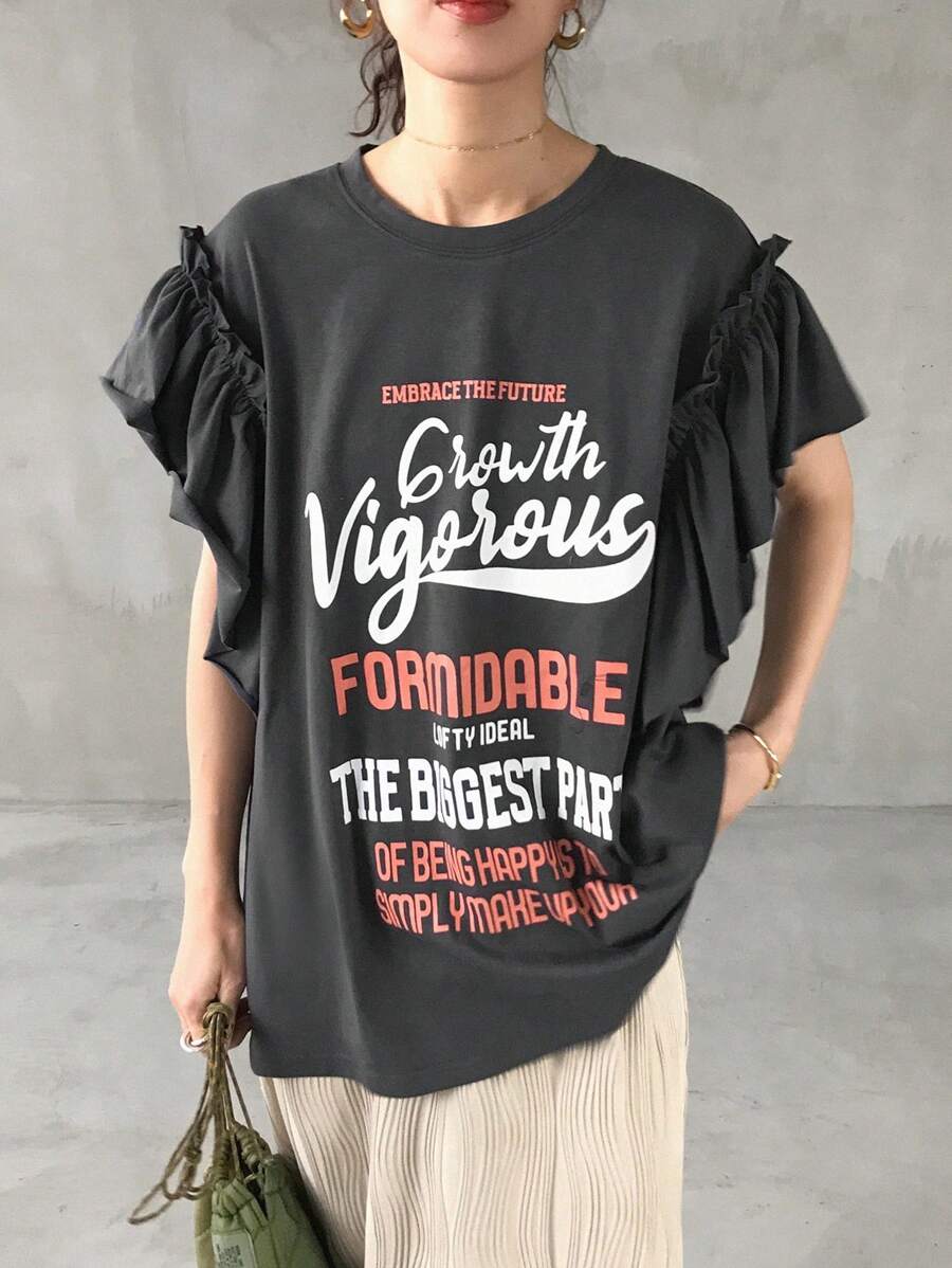 FRIFUL Women's Casual Slogan Printed Ruffle Hem T-Shirt - Grey - View 1