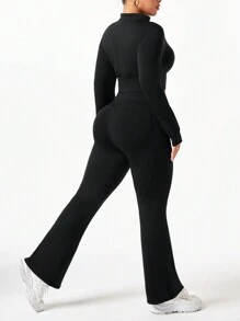 Plus Size Women Sports Casual Yoga Running Zip Half Placket Long Sleeve Top & Pants Fitness Workout Set Workout Women Set