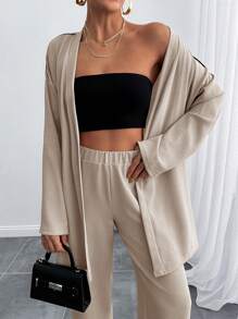 SHEIN Cottnline Women Pipin Detailed Kimono And Pantolon Two Pieces Set - Beige - View 3