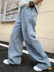 SHEIN 青少年男童时尚休闲复古蓝色牛仔宽松阔腿牛仔裤，柔软舒适，适合日常穿着，四季皆宜。 - 藍色 - 查看 4