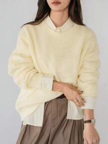 DAZY 1pc Women Loose Casual Solid Color Round Neck Long Sleeve Sweater, Autumn/Winter