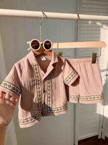 SHEIN Leap Crew 2pcs/Set Baby Boys Casual Cute Drawstring Waist Shirt And Shorts Set, Suitable For Spring & Summer Wear - Khaki - View 7