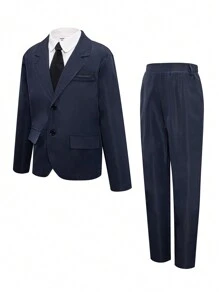 2pcs/Set Tween Boy Korean Style Slim Fit Formal Wear Suit Jacket + Casual Straight-Leg Pants, Suitable For School, Banquets, Gatherings, Hosting, Evenings, Performances