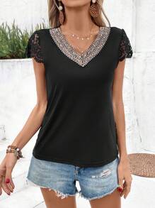 EMERY ROSE 女士 V 领提花吊带套头衫，夏季 - 黑色 - 查看 4